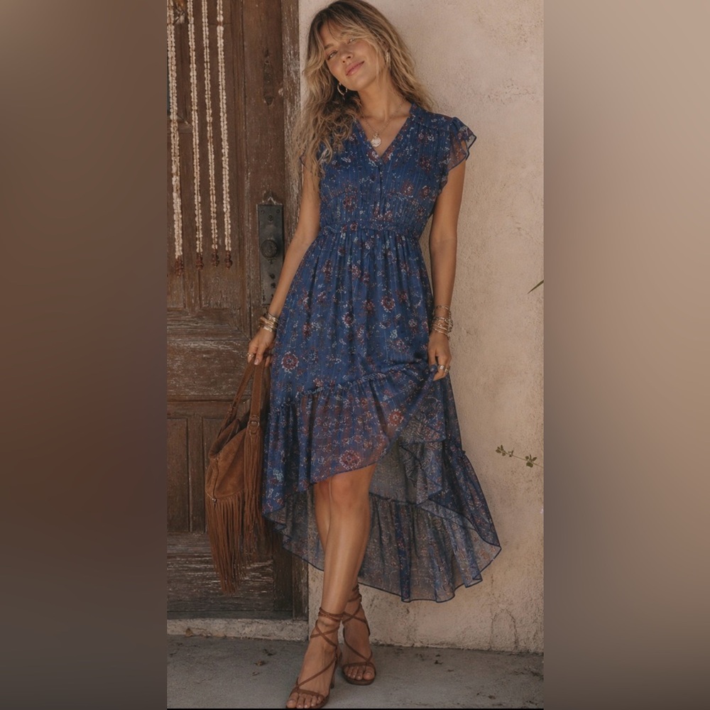 Anthropologie Taylor Blue Floral Chiffon Dress Ruffle Tiered Boho Flowy Size 4 - Picture 2 of 10